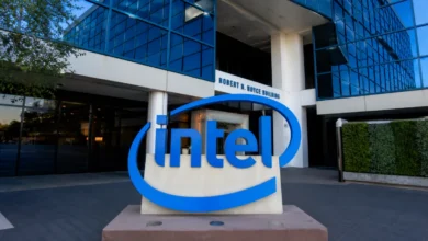 Intel Corporation logo displayed on a stock ticker screen showing a decline