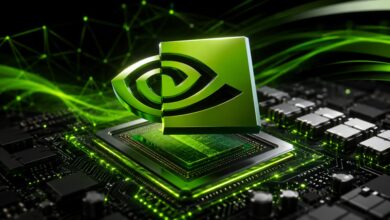 Nvidia logo displayed on a stock trading screen showing a decline, representing Monday's 4.99% drop in NVDA shares