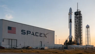 SpaceX Falcon 9 rocket launch, symbolizing SPCX stock trading on Nasdaq
