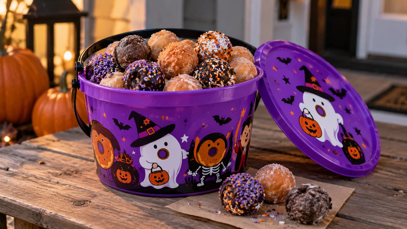 Dunkin’ 2026 Halloween MUNCHKINS Bucket with a glow-in-the-dark purple design and 50 assorted donut-hole treats