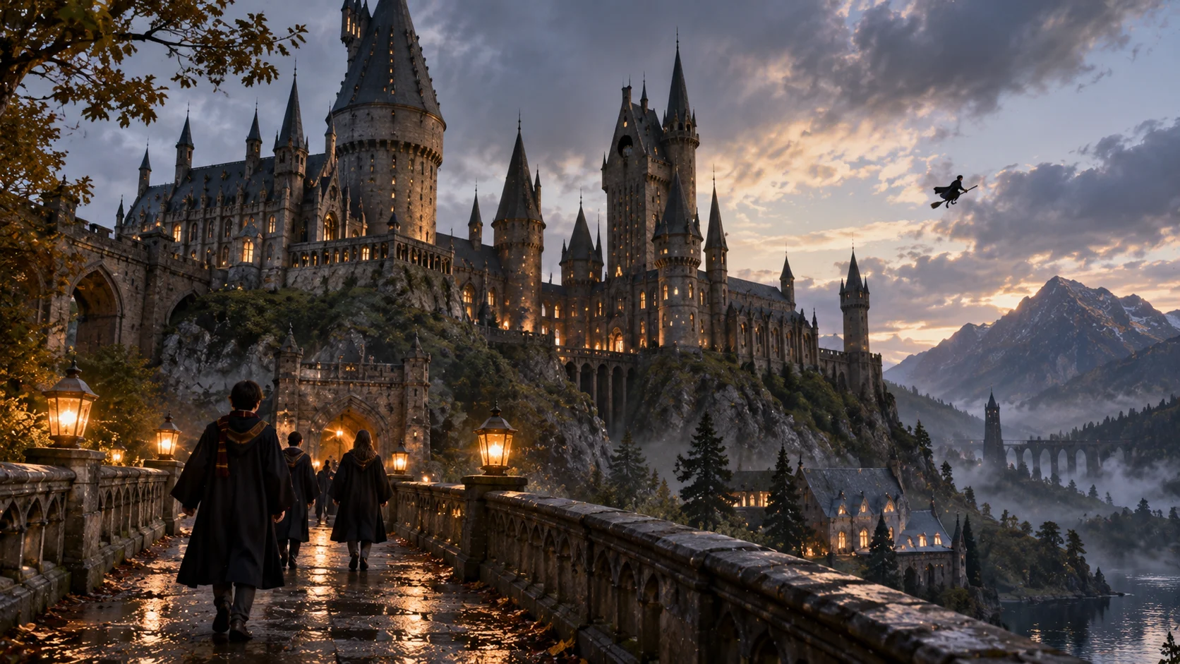 Hogwarts Legacy castle illuminated at dusk in the magical world of Hogwarts Legacy