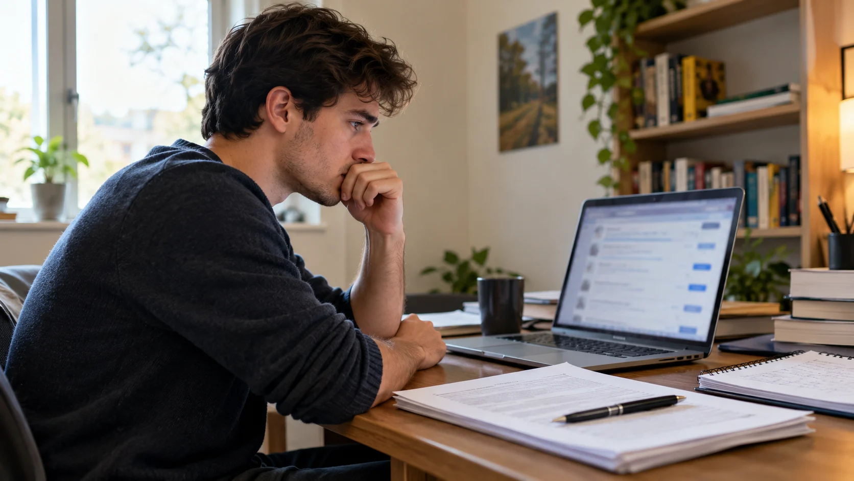 Graduate reviewing job applications on a laptop, illustrating the employment challenges faced by recent Ph.D. graduates.