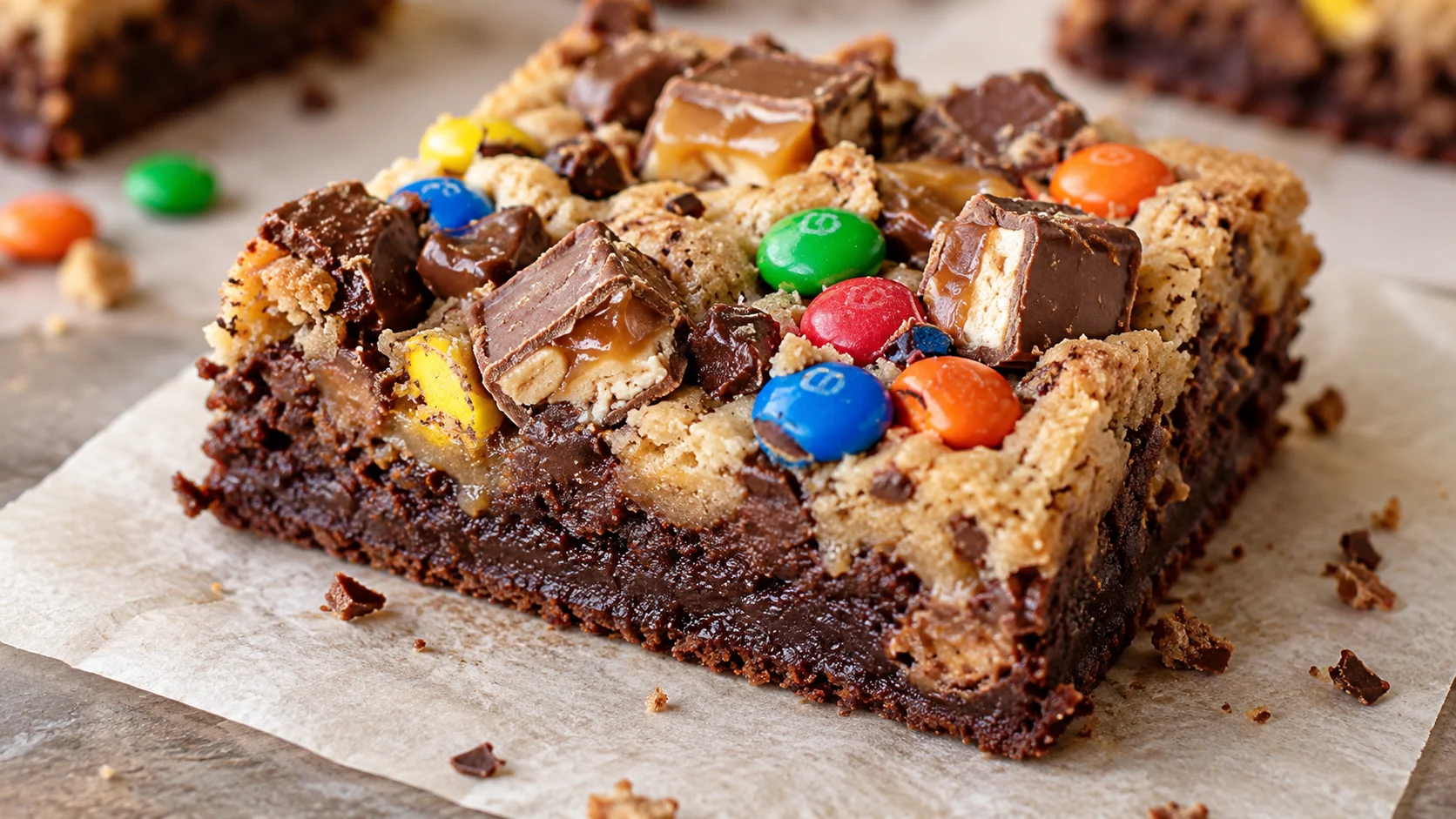 Insomnia Cookies Monster Mash Brookie with brownie, brown sugar cookie dough, Snickers, Twix and M&M’s.