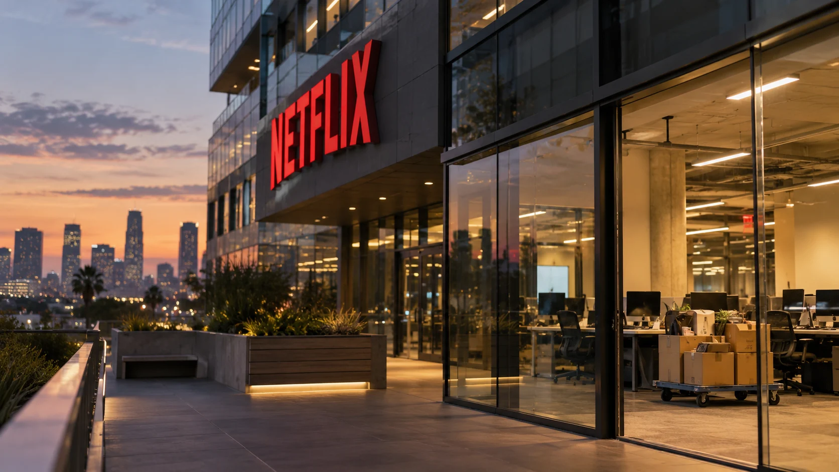 Netflix logo on a company building following the announcement of approximately 1,000 job cuts in October 2026.