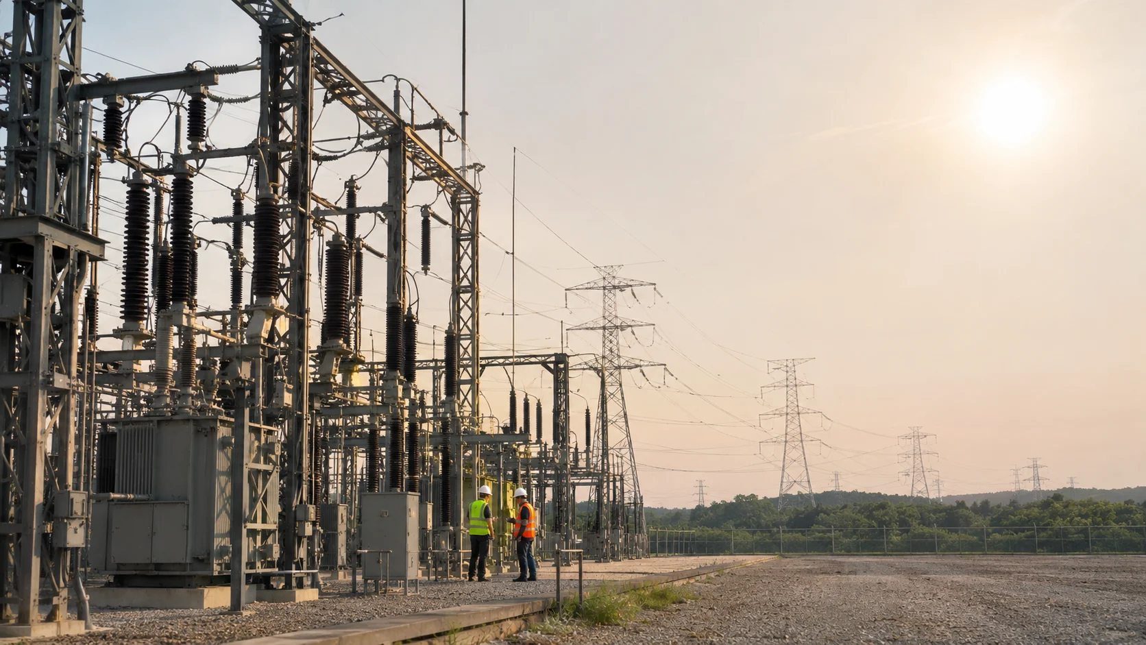 High-voltage power lines and an electrical substation representing the U.S. power grid emergency order.