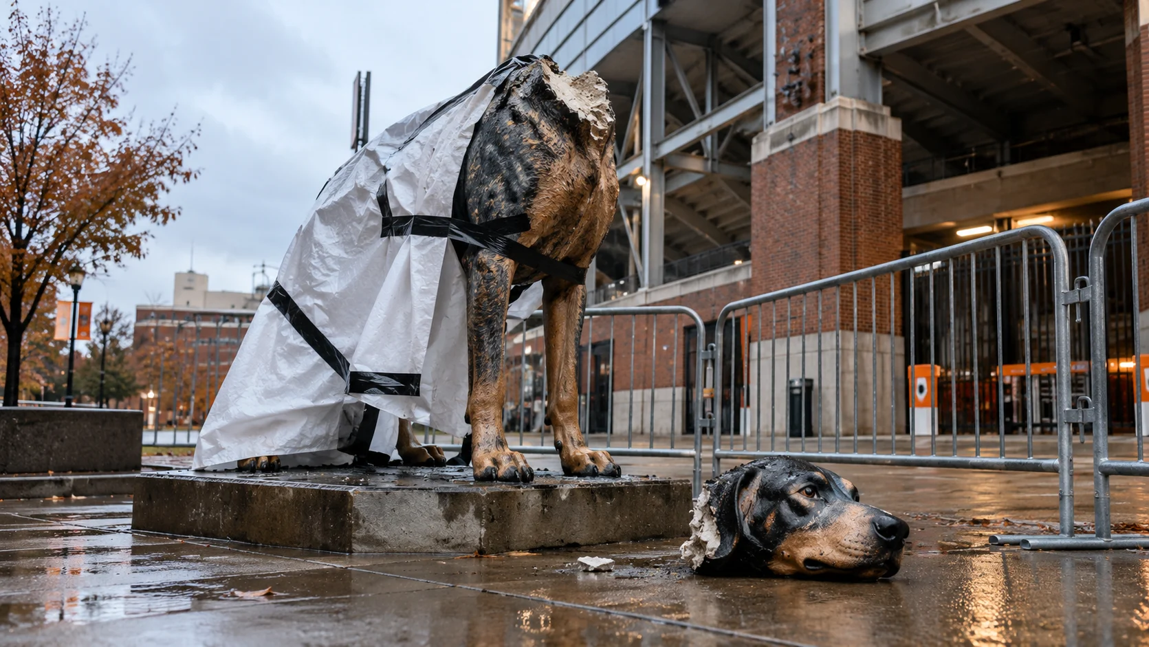 Damaged Smokey I statue outside Neyland Stadium's Gate 21 Plaza at the University of Tennessee in Knoxville.
