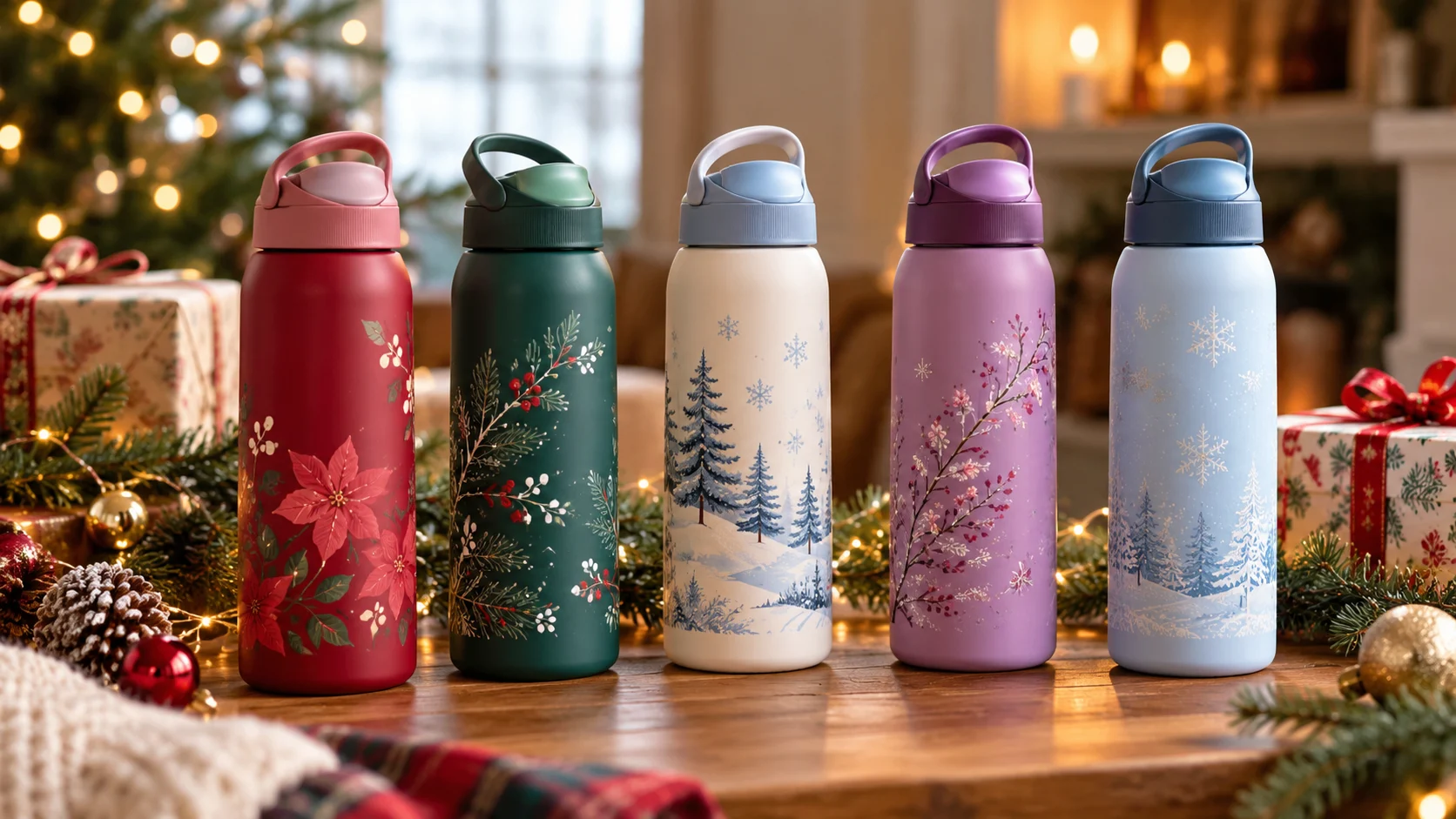 Owala insulated FreeSip water bottles in seasonal colors for holiday gifting
