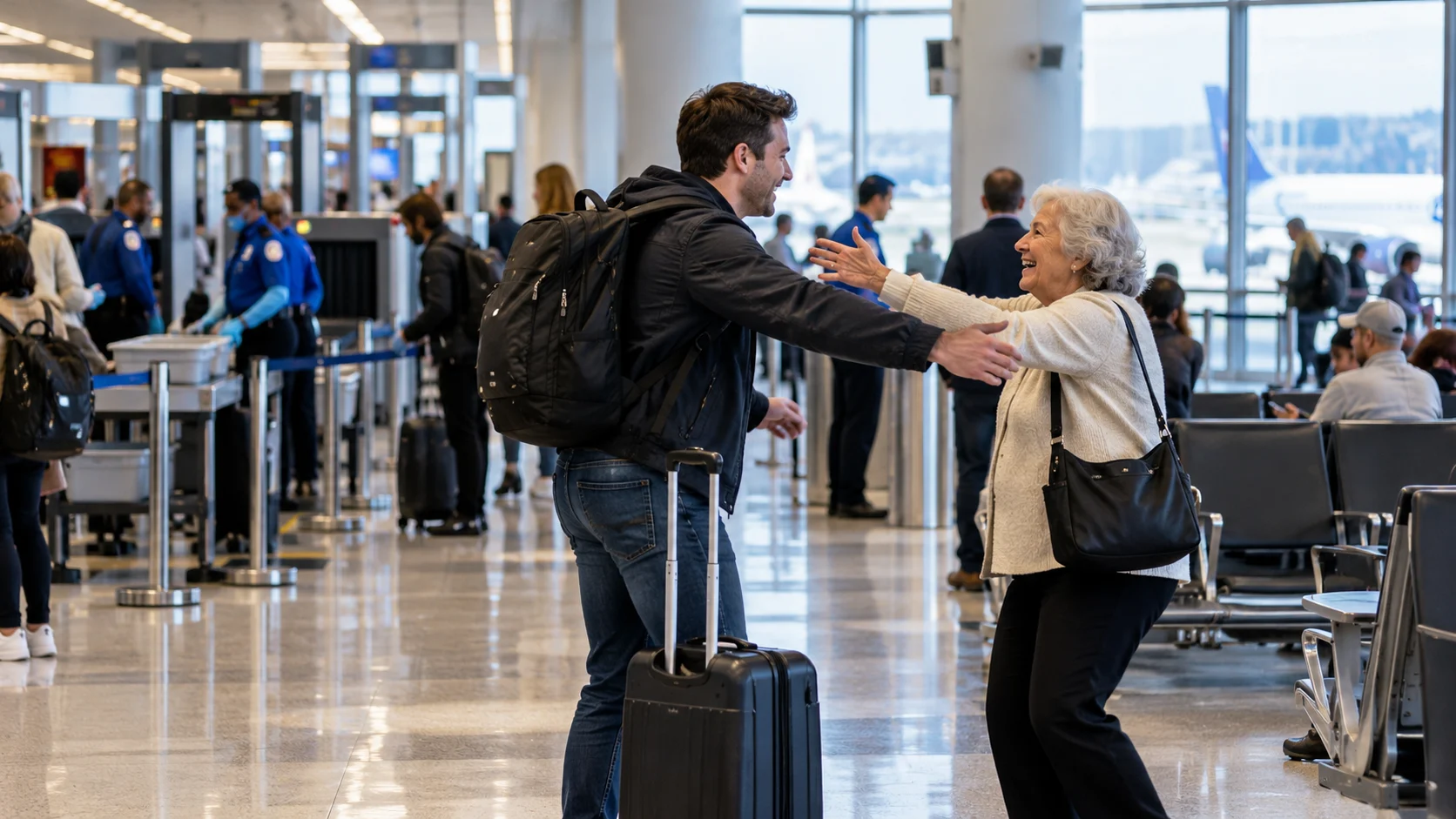 Travelers approaching a TSA security checkpoint at a U.S. airport with terminal gates visible in the background