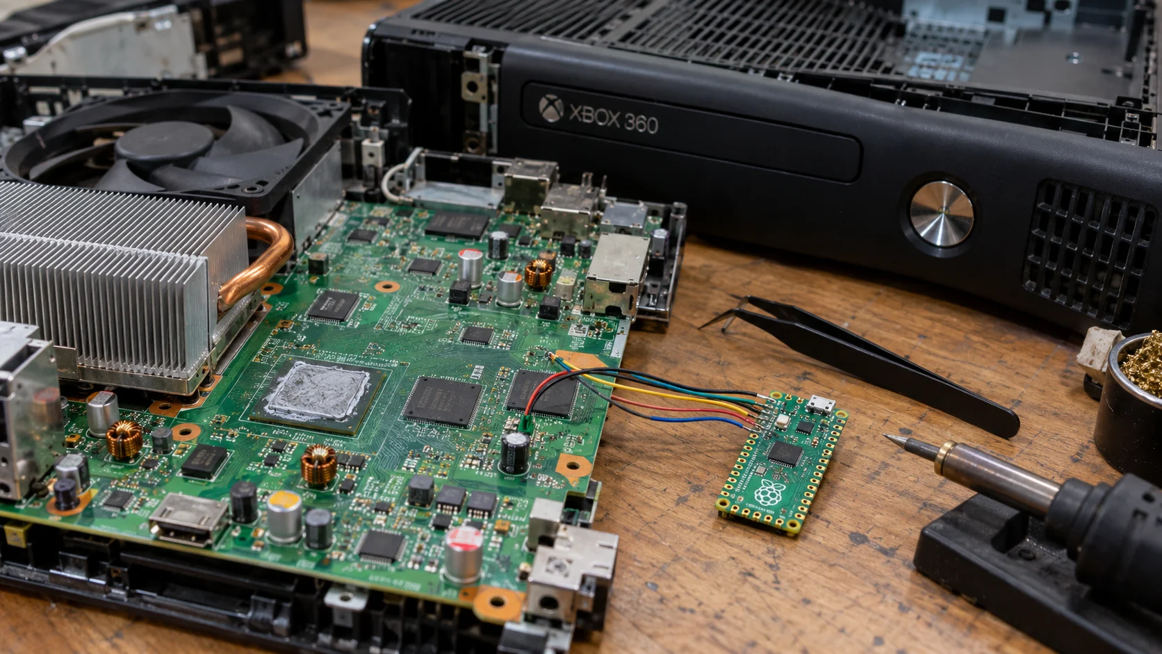 Xbox 360 voltage glitch mod featuring a Raspberry Pi Pico and hardware used for console modification.